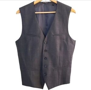 Express Suit Vest Size M Gray Wool Blend 5-Button Waistcoat Adjustable Back VTG